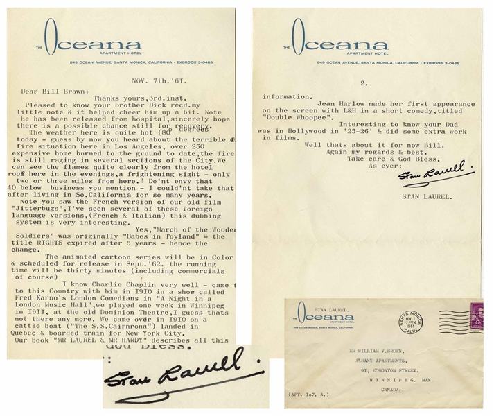 Stan Laurel Letter Signed -- ...I know Charlie Chaplin very well...MR LAUREL & MR HARDY describes all this...Jean Harlow made her first appearance on the screen with L&H...